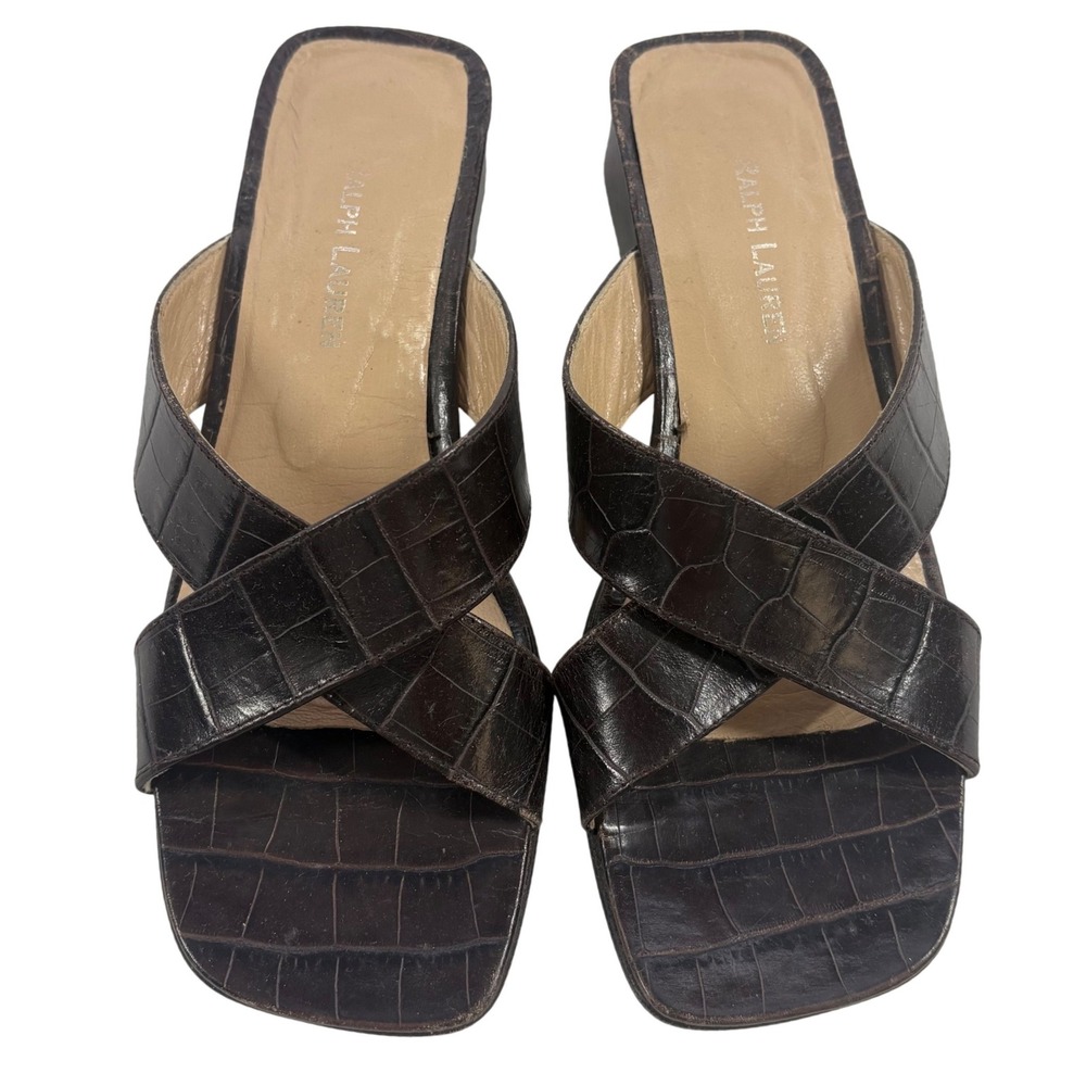 VTG Y2K Ralph Lauren Slide Sandals Women 6.5B Brown Croc Embossed Mule Old Money